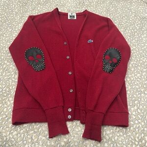 Vintage women’s LF cardigan sweater with leather skull elbow patches, O/S